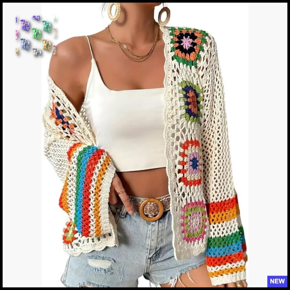 Boho Crochet Cardigan Loose Fit Open Front Long Sleeve Sweater Layering Piece